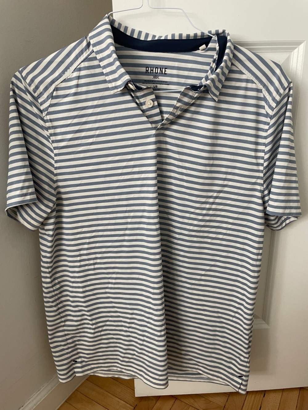 RHONE Men’s White and Blue Striped Polo